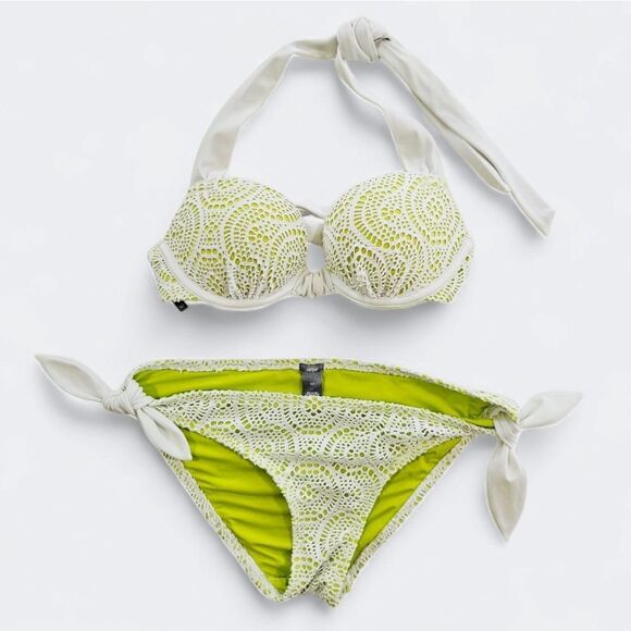 Aerie Emma Crochet Lace Overlay Push-Up Halter Padded Bikini Swimsuit Set 32B - Picture 1 of 12